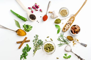 Taze ot ve kaşık ve beyaz arka plan üzerinde çerçeve ile kopya alanı içinde düzenlenen kase kuru renkli baharat