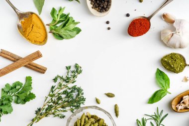 Taze ot ve kaşık ve beyaz arka plan üzerinde çerçeve ile kopya alanı içinde düzenlenen kase kuru renkli baharat
