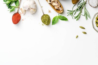 Taze ot ve kaşık ve kopya alanı ile düzenlenmiş kase kuru renkli baharat 