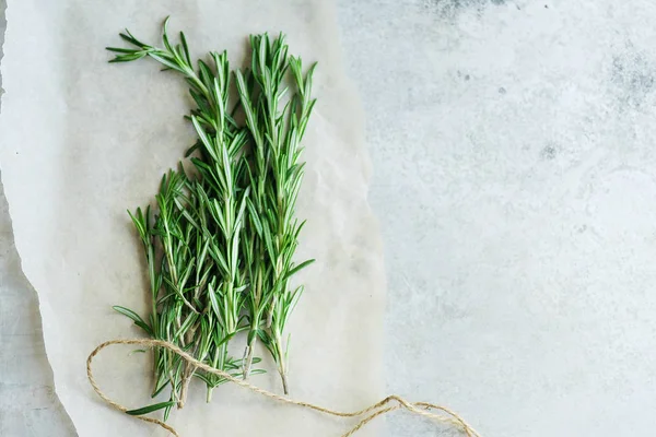 Top View Rosemary Sprigs Arranged Metallic Background Text Space — Stock Photo, Image