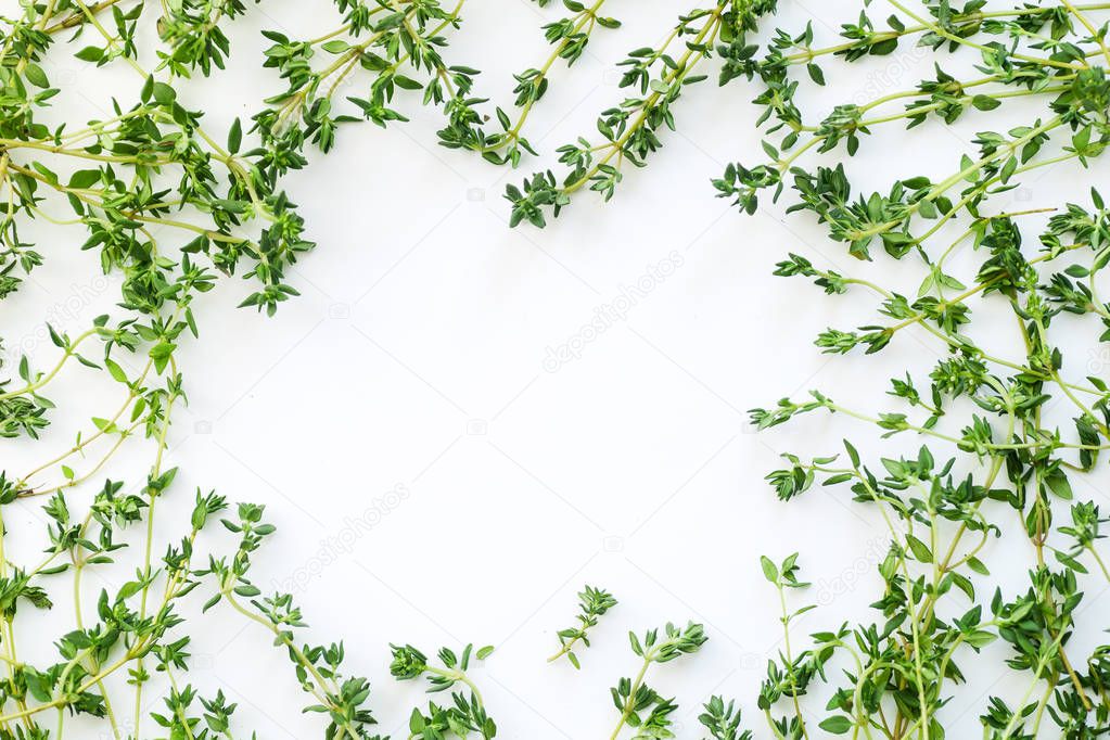 Overhead view of thyme leaves and twigs arranged in frame form with text space on white background