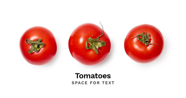  fresh red tomatoes isolated on white background. Top view 