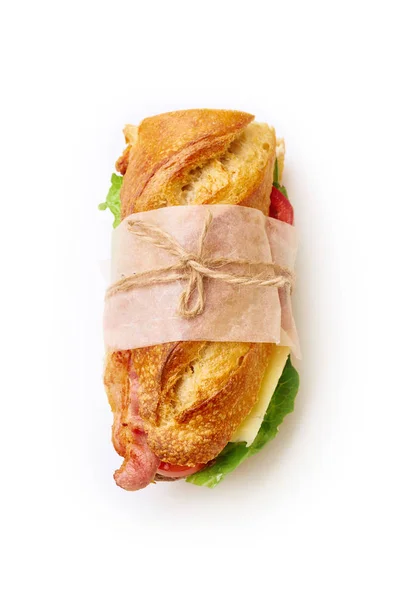 Fresh Big Baguette Sandwich Bacon Chedder Cheese Lettuce Vegetables Isolated — Stock Photo, Image