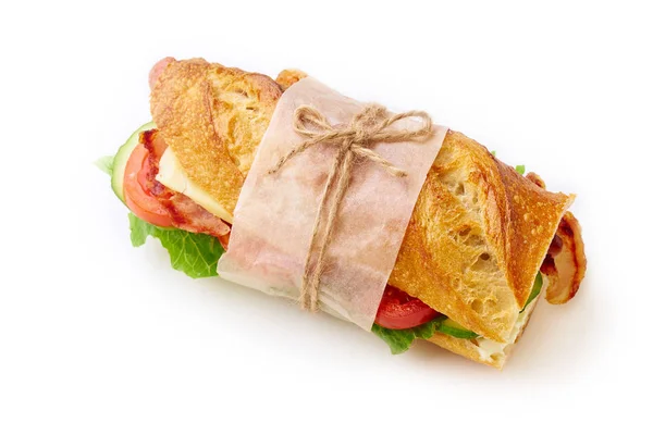 Fresh Big Baguette Sandwich Bacon Chedder Cheese Lettuce Vegetables Isolated — Stock Photo, Image