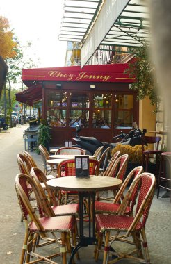 PARIS, FRANCE - NOVEMBER 10, 2019: French cafe exterior viewed from the street 