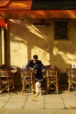 Paris, Fransa - 7 Kasım 2019: Fransız Kafe Terasında köpekli bir adam                              