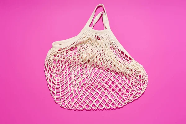 Textile Net Bag Bright Pink Background Plastic Free Concept — Stok fotoğraf