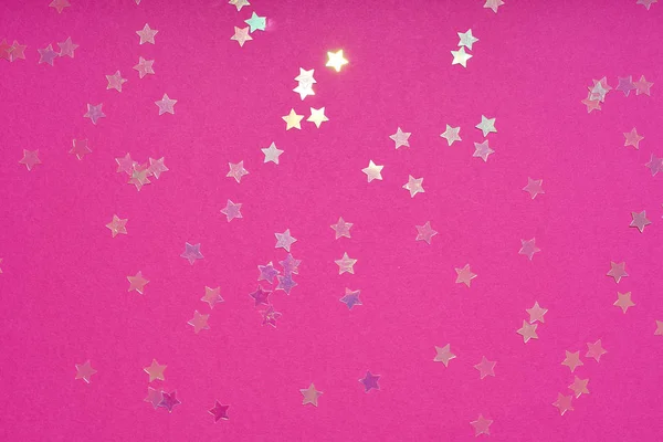 Star Shaped Glimmering Sequins Pink Background Festive Party Concept — Stok fotoğraf