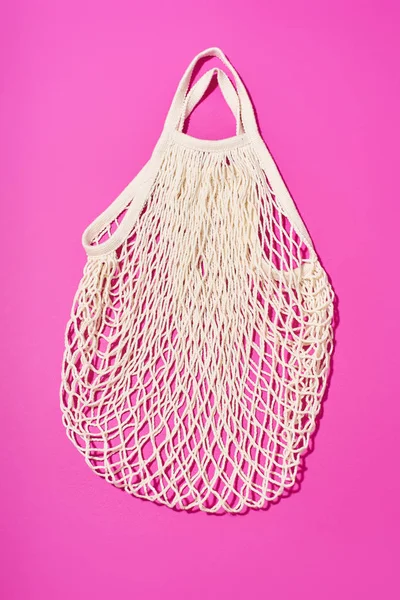 Textile Net Bag Bright Pink Background Plastic Free Concept — Stok fotoğraf