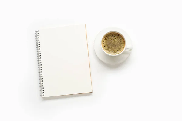 Coffee White Cup Blank Notepad Isolated White Background Close — Stockfoto