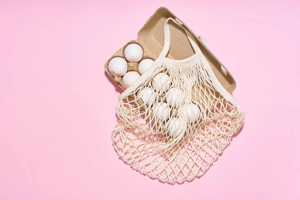 Close Dozen Chicken Eggs Cardboard Container Net Textile Bag — Stok fotoğraf