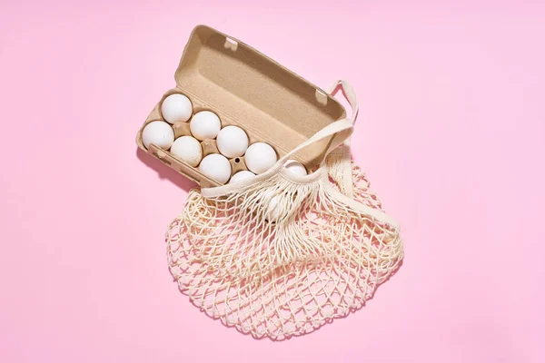 Close Dozen Chicken Eggs Cardboard Container Net Textile Bag — Stok fotoğraf