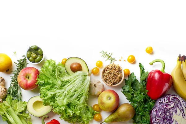 Verduras Orgánicas Crudas Sanas Con Hierbas Brotes Con Frutas Mesa — Foto de Stock