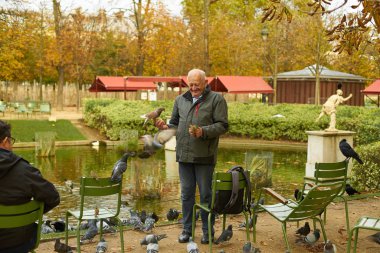 PARIS, FRANCE - NOVEMBER 6, 2019: Elderly man feeding pigeons while standing near pond at Tuileries gardens                              