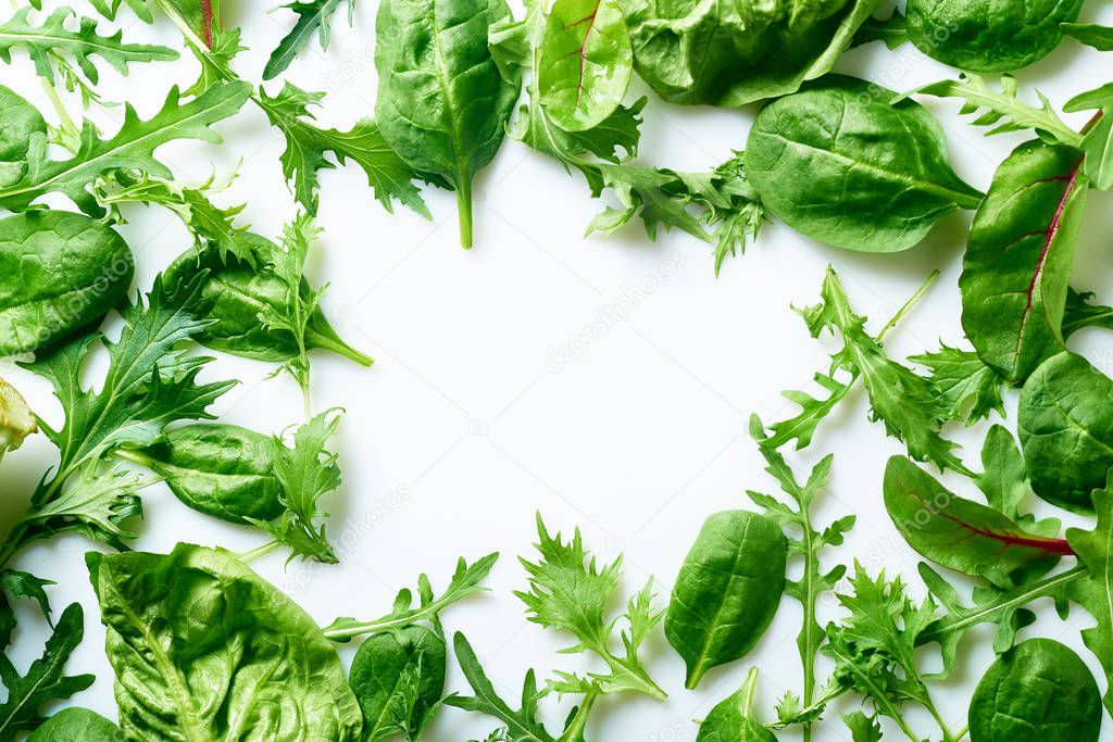 romaine and arugula with spinach and mizuna leaves isolated on white background, close view, Vegan meal ingredients concept 