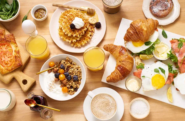 Healthy Sunday Breakfast Croissants Waffles Granola Sandwiches Wooden Table Brunch — Stock Photo, Image