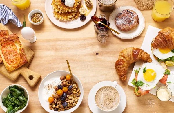 Healthy Sunday Breakfast Croissants Waffles Granola Sandwiches Wooden Table Brunch — Stock Photo, Image