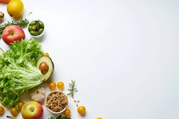 Conjunto Verduras Orgánicas Crudas Saludables Con Hierbas Brotes Con Frutas — Foto de Stock