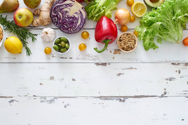 set of healthy raw organic vegetables with herbs and sprouts with fruits isolated on white background, Top view, vegetarian food concept 