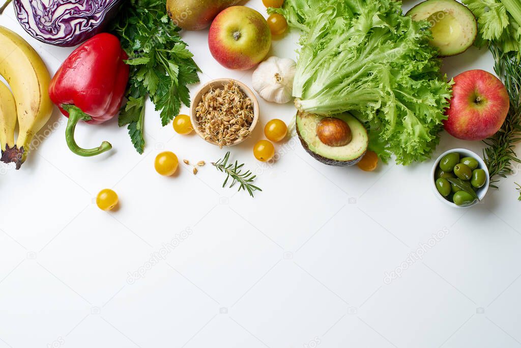 set of healthy raw organic vegetables with herbs and sprouts with fruits isolated on white background, Top view, vegetarian food concept 
