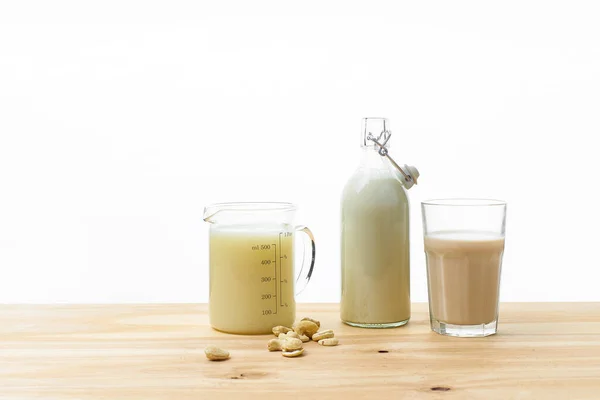 Soja Con Avena Leche Almendras Vaso Botella Con Jarra Concepto —  Fotos de Stock