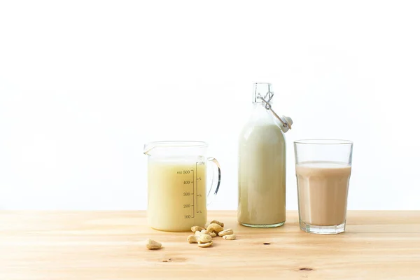 Soja Con Avena Leche Almendras Vaso Botella Con Jarra Concepto —  Fotos de Stock