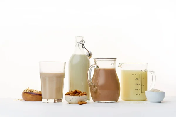 Anacardo Con Avena Leche Almendras Chocolate Vasos Botella Con Jarra — Foto de Stock