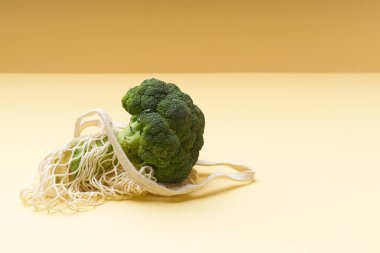 Tekrar kullanılabilir poşetlerle sıfır atık yiyecek alışverişi. Tekstil ambalajında brokoli. Kopyalama alanı olan yan görünüm.