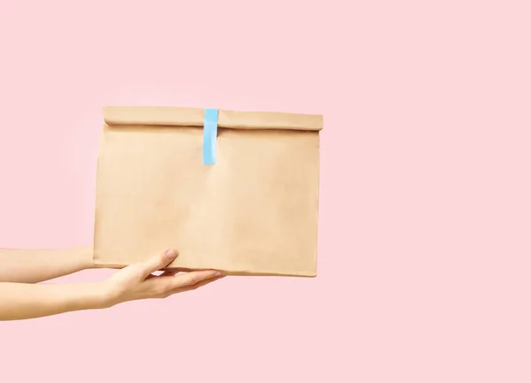 Female Hand Holding Brown Clear Empty Blank Paper Bag Food — Stock Photo, Image