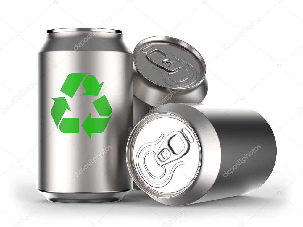 Beverage cans with recycling symbol on white background 3D rendering