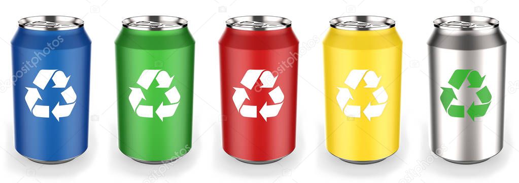 Different colors beverage cans with recycling symbol on white background 3D rendering