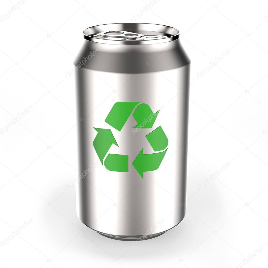 Aluminum beverage can with recycling symbol on white background 3D rendering
