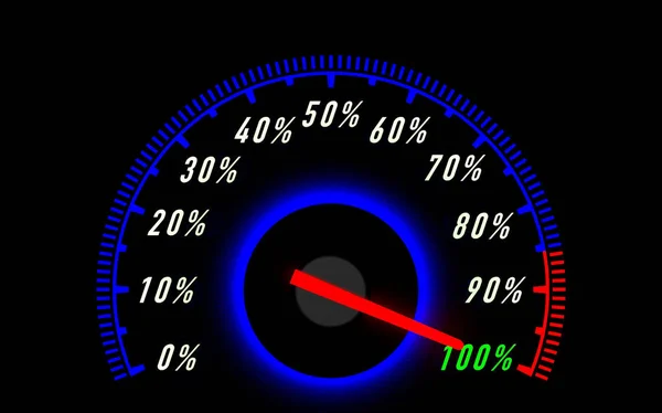 Speedometer needle pointing 100% — Stockfoto