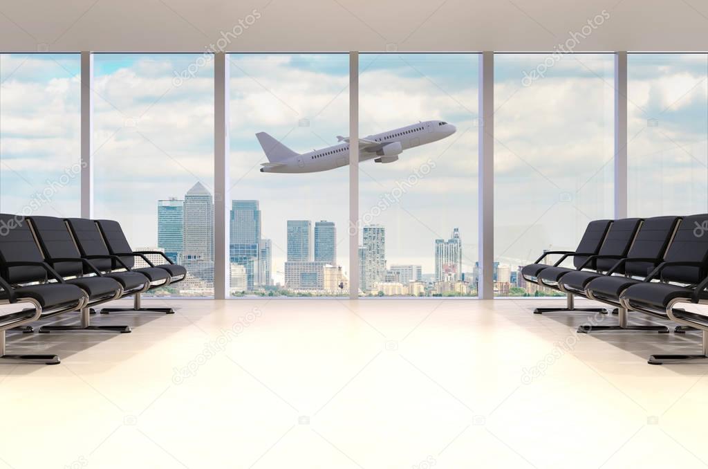 Airport waiting room with airplane