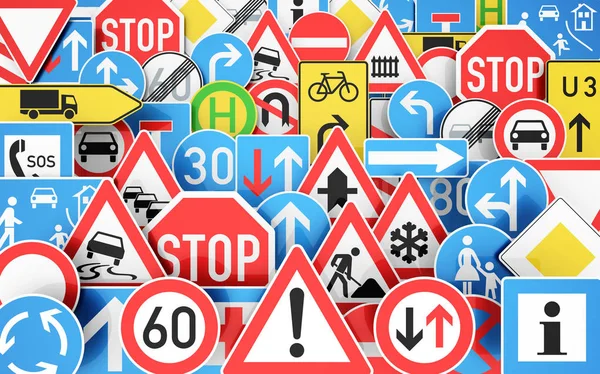Birçok farklı trafik işaretleri arka plan — Stok fotoğraf