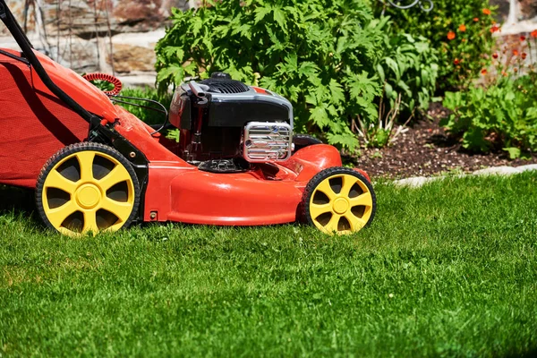 Grasmaaier op groen gras — Stockfoto