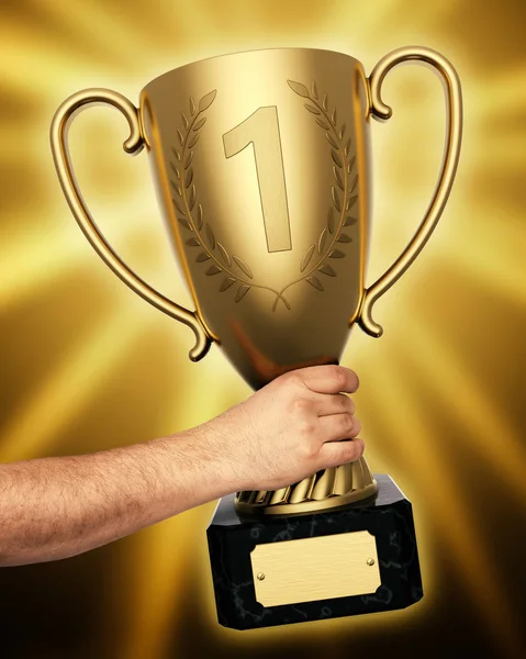 Человек Держащий Золотой Кубок Качестве Победителя Конкурсе Рендеринга — стоковое фото