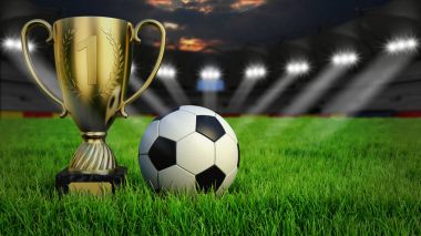 Trophy Kupası Futbol Stadyumu ile aydınlatma gece, 3d render ciğeri üzerinde topla