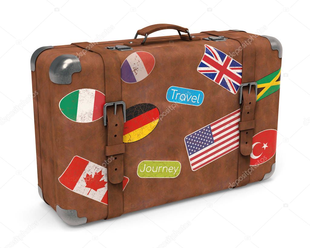 Old leather suitcase with travel stickers isolated on white background 3D rendering