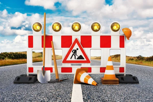 Kürek, trafik işaretleri, trafik koni ve güvenlik kask 3d render yolda ile sokak bariyer
