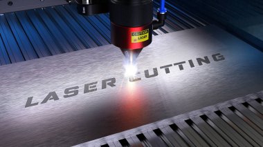 Metal machining with sparks on CNC laser engraving maching. 3D rendering clipart