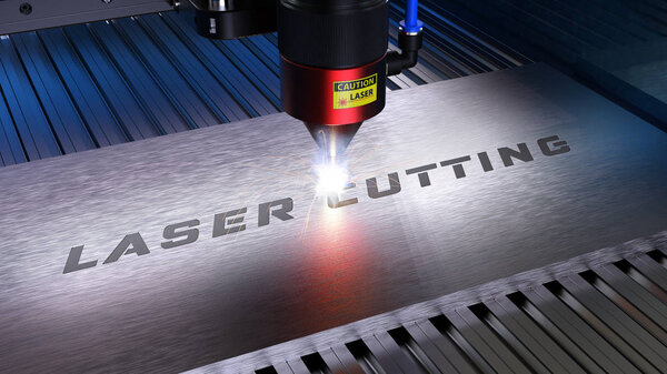 Metal machining with sparks on CNC laser engraving maching. 3D rendering