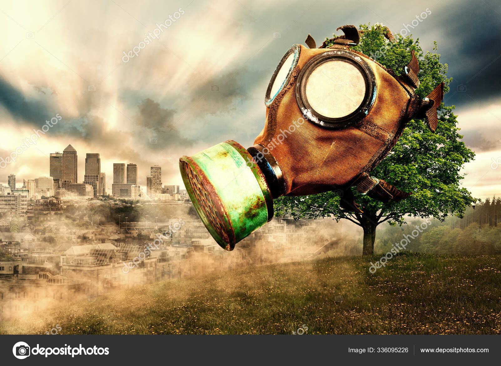 Tree Gas Mask Background City Smog Global Warming Due Air Stock Photo by  ©tom19275 336095226