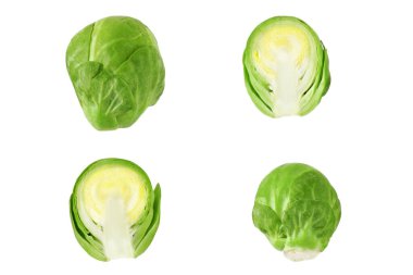  Üst görünüm Beyaz zemin üzerinde taze Brüksel lahanaları izole.