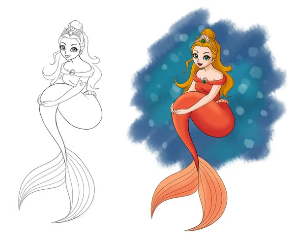 Pretty young mermaid princess. Hand drawn illustration.