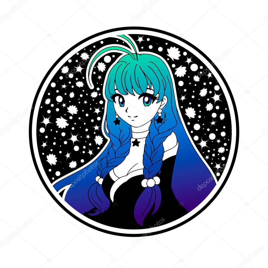 Cute Anime Girl With Long Blue Hair And Big Eyes Hand Drawn Vector Illustration Shells And Stars On Background Can Be Used For Tattoo Sticker Cards Coloring Book Premium Vector In