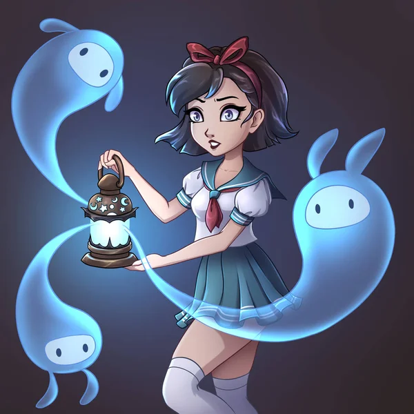 Scared girl holding magic lantern. Cute funny blue ghosts.