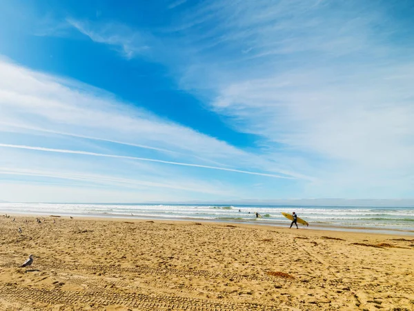 Surfers and seagulls in Pismo Beach — Stock Photo, Image