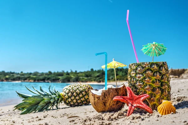 Ananas och kokosnötter vid stranden på en klar sommardag — Stockfoto