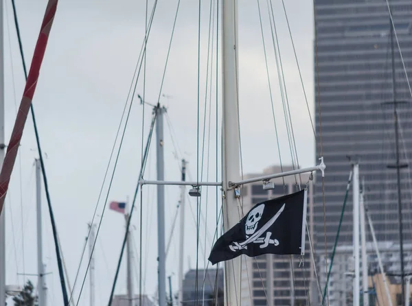 Pirates flag among boat masts